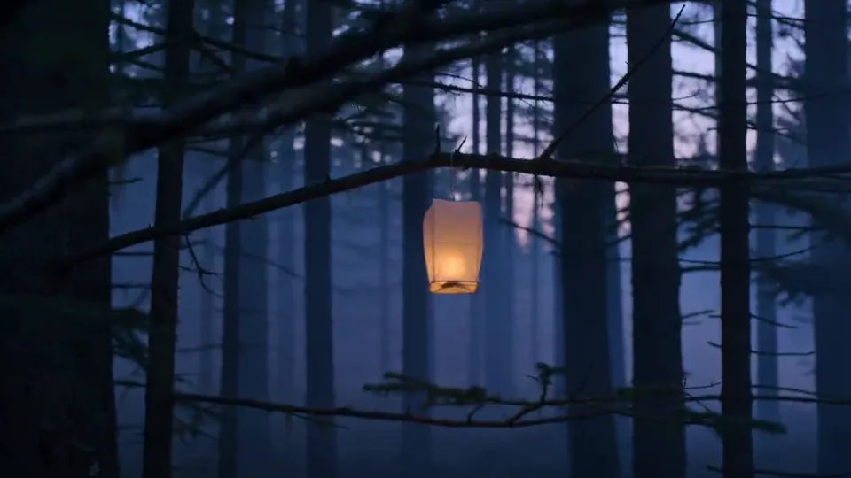 A paper lantern glowing among dark pine branches at blue hour, with a slow, steady camera drift.
