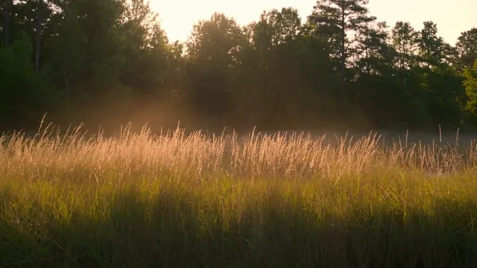 Golden grasses ripple at the woodland edge as warm late-afternoon light crosses the field.